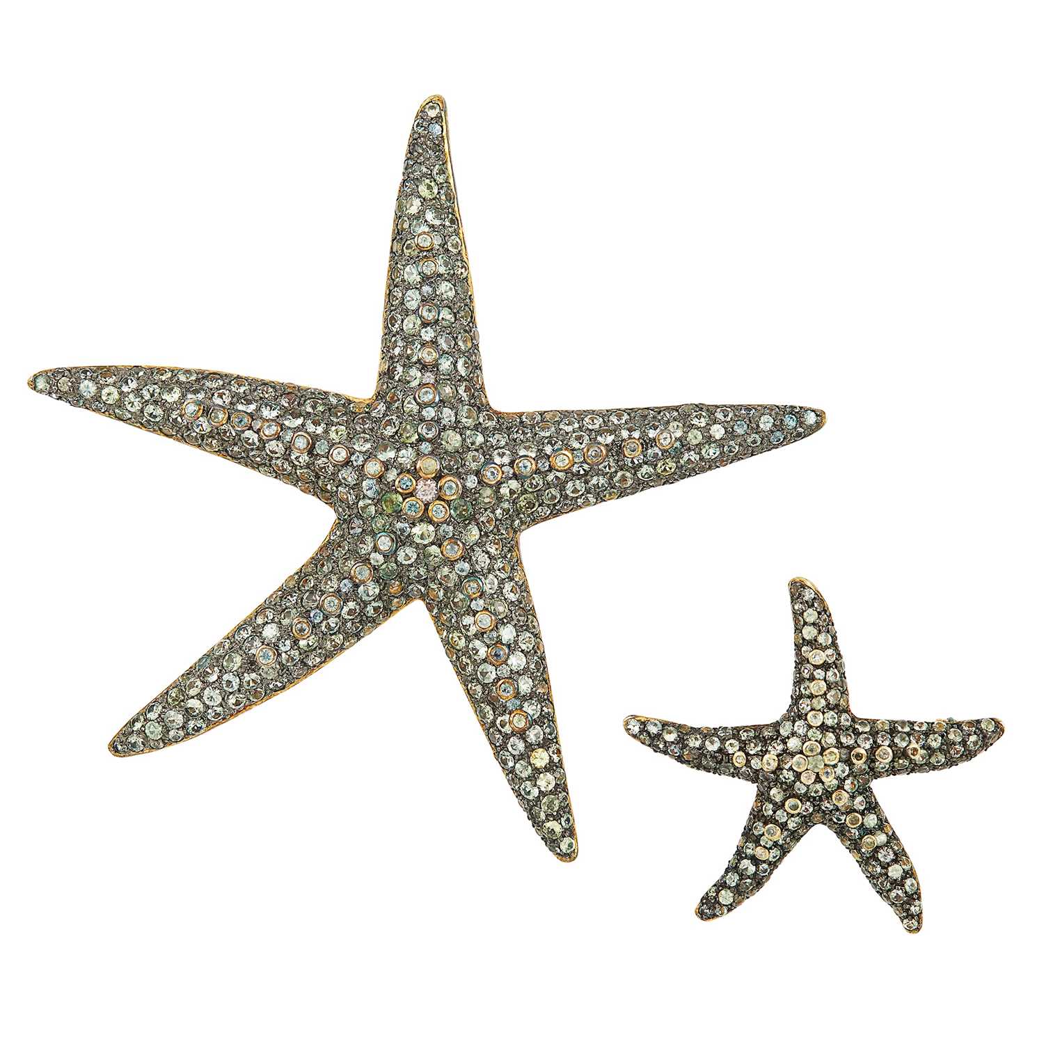 Lot 1050 - Two Silver-Gilt and Green Quartz Star Fish Brooches