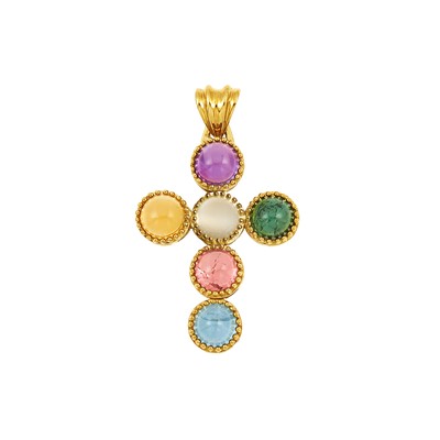 Lot 1215 - Gold and Cabochon Colored Stone Cross Pendant