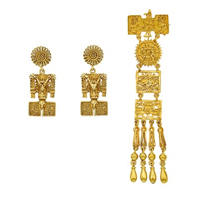 Lot 1061 - Pair of Gold Pendant-Earrings and Pendant-Brooch