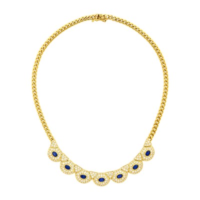 Lot 1197 - Gold, Sapphire and Diamond Curb Link Chain Necklace