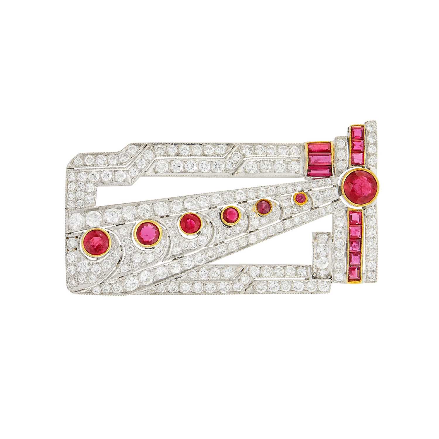 Lot 1189 - Platinum, Gold, Ruby and Diamond Brooch