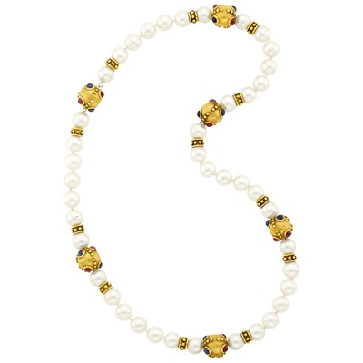 Lot 1017 - Cultured Pearl, Gold Bead and Cabochon Ruby and Sapphire Necklace