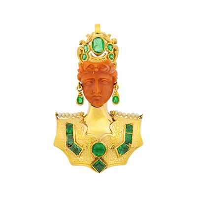 Lot 2080 - Gold, Carved Coral, Emerald and Seed Pearl Pendant-Clip