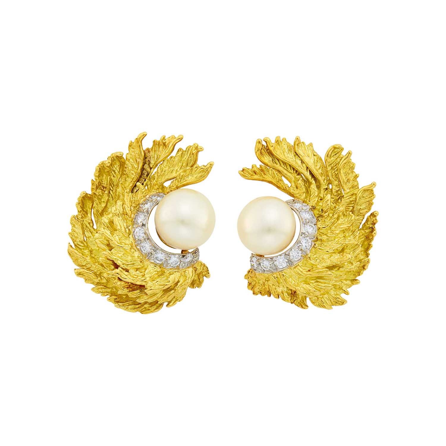 Lot 1112 - Pair of Gold, Platinum, Cultured Pearl and Diamond Earclips