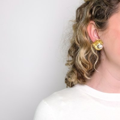 Lot 1112 - Pair of Gold, Platinum, Cultured Pearl and Diamond Earclips
