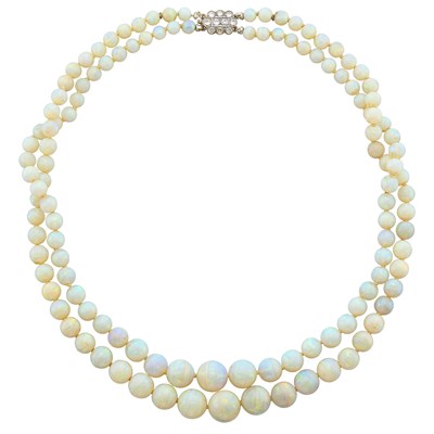 Lot 160 - Double Strand Opal Bead Necklace with Gold, Platinum and Diamond Clasp