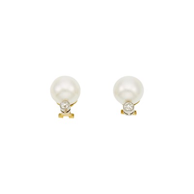 Lot 1007 - Pair of Two-Color Gold, South Sea Cultured Pearl and Diamond Earclips