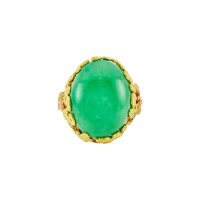 Lot 1209 - Two-Color Gold and Cabochon Jade Acorn Leaf Ring