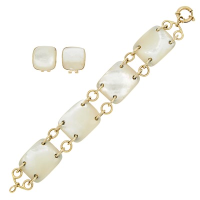 Lot 1021 - Gold and Mother-of-Pearl Link Bracelet and Pair of Earclips