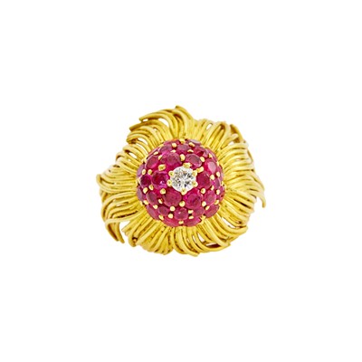 Lot 1097 - Tiffany & Co. Gold, Diamond and Ruby Flower Dome Ring