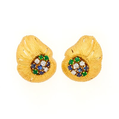 Lot 2051 - Oscar Heyman & Brothers Pair of Gold, Diamond, Emerald and Sapphire Earrings
