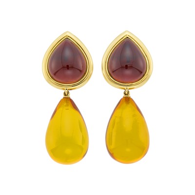 Lot 2009 - Pair of Gold, Cabochon Garnet and Amber Pendant-Earclips