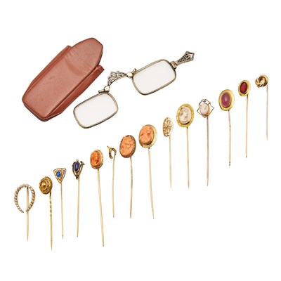 Lot 2108 - Group of Gold, Gold-Filled, Hardstone, Shell and Paste Stick Pins and White Gold Lorgnette