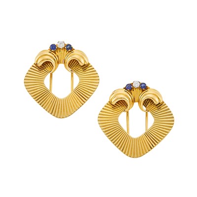 Lot 1070 - Pair of Gold, Sapphire and Diamond Clip-Brooches