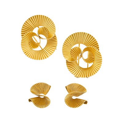 Lot 1019 - Tiffany & Co., George Schuler Pair of Gold Clip-Brooches and Pair of Earrings