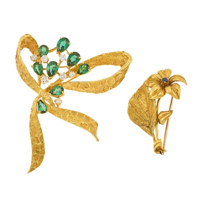 Lot 1255 - Gold, Green Tourmaline and Diamond Bow Brooch and Sapphire Flower Brooch