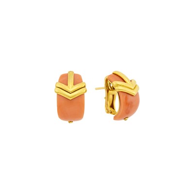 Lot Bulgari Pair of Gold and Coral Half-Hoop Earrings