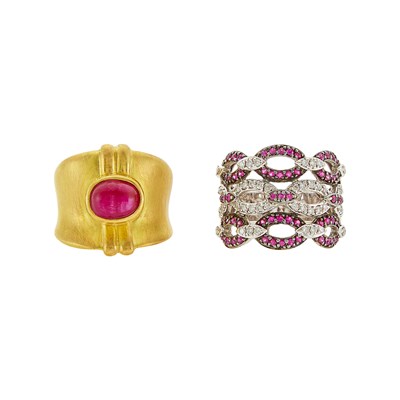 Lot 1128 - Gold and Cabochon Ruby Ring and Two-Color Gold, Ruby and Diamond Ring