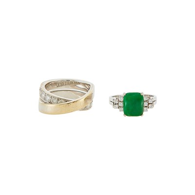 Lot 1124 - White Gold, Jade and Diamond Ring and White Gold and Diamond Crossover Ring