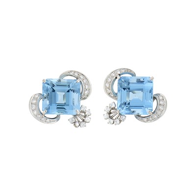 Lot 76 - Pair of Platinum, Aquamarine and Diamond Earrings