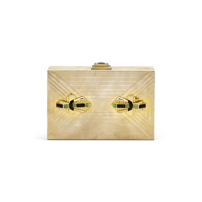 Lot 1226 - Judith Leiber Gilt-Metal, Colored Stone and Rhinestone Clutch