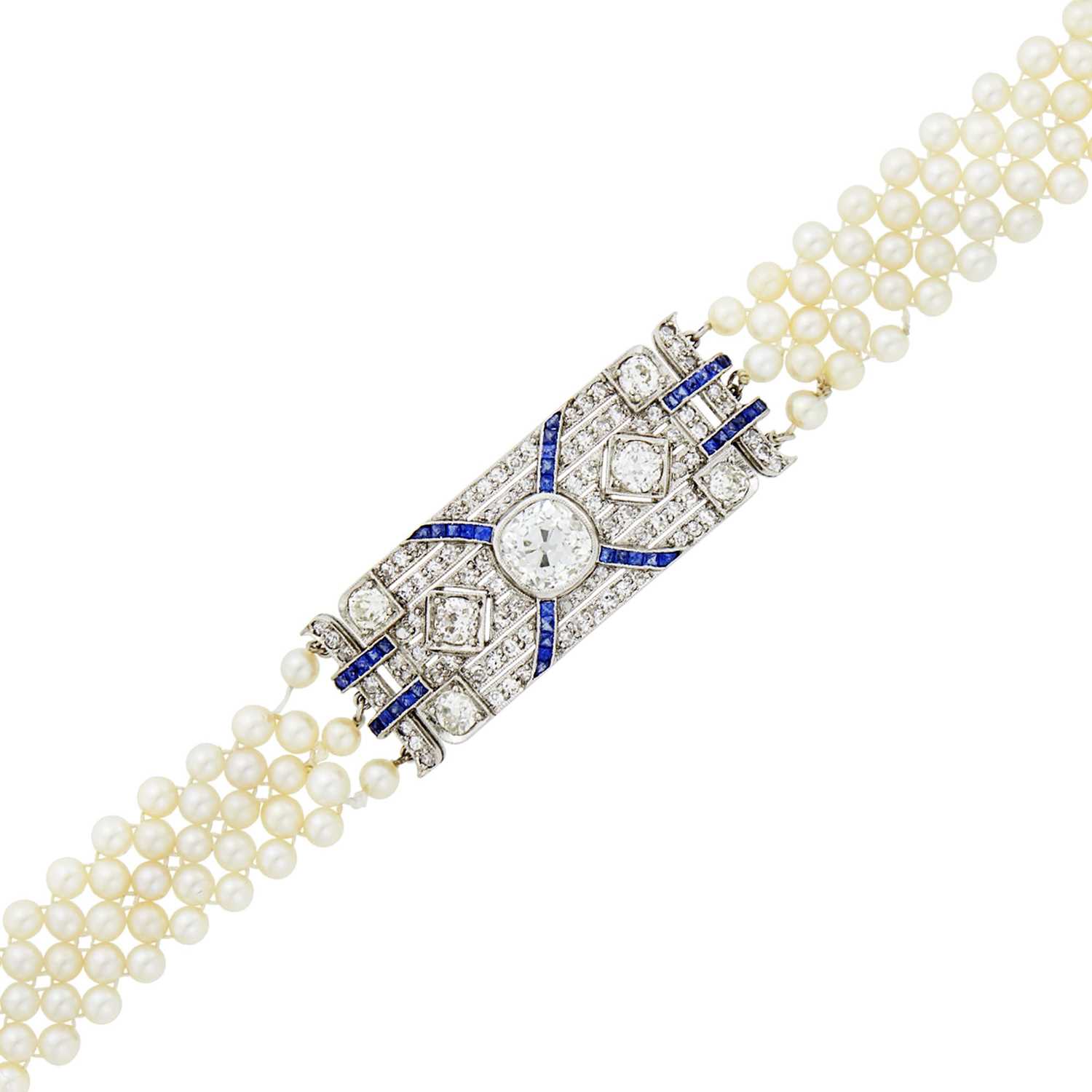 Lot 1185 - Platinum, Diamond, Sapphire and Pearl Mesh Bracelet
