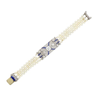 Lot 1185 - Platinum, Diamond, Sapphire and Pearl Mesh Bracelet