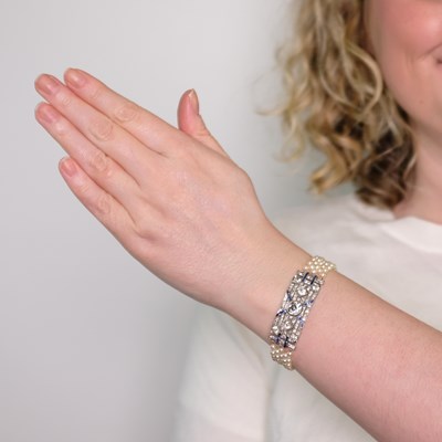 Lot 1185 - Platinum, Diamond, Sapphire and Pearl Mesh Bracelet