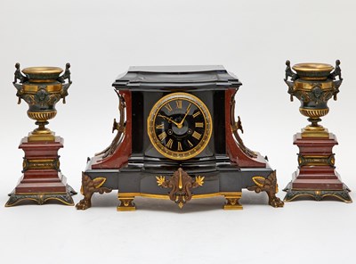 Lot 243 - Empire Style Gilt and Patinated Bronze-Mounted Red and Black Marble Mantel Clock