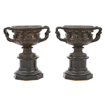 Lot 278 - F. Barbedienne, Pair of Bronze and Marble Models of Warwick Vases
