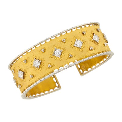 Lot 2043 - Two-Color Gold and Diamond Cuff Bangle Bracelet