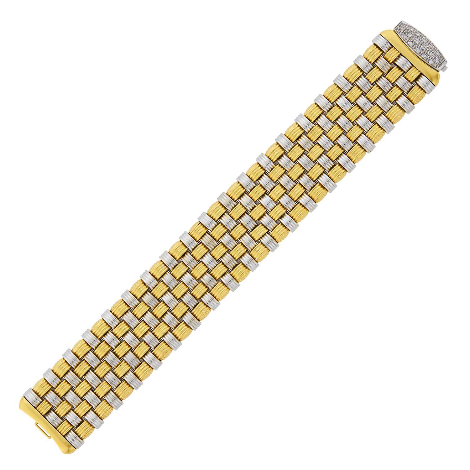 Lot 1147 - Wide Two-Color Gold and Diamond Basketweave Bracelet