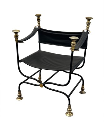 Lot 1099 - Baroque Style Brass, Iron and Leather Sling-Seat Savonarola Chair
