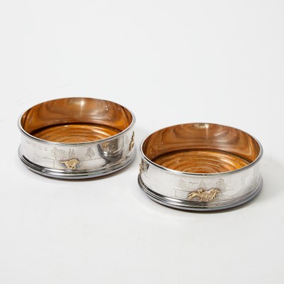 Lot 166 - Equestrian Interest: Pair of Elizabeth II Sterling Silver, Parcel Gilt and Wood Wine Coasters
