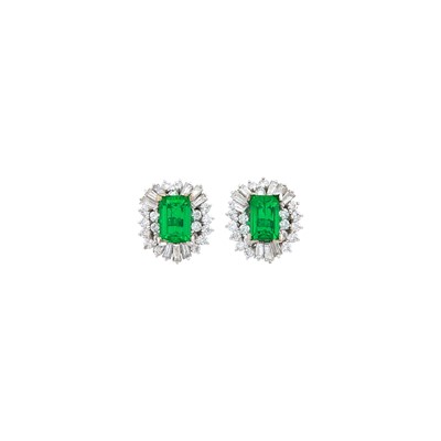 Lot 2210 - Pair of White Gold, Emerald and Diamond Earrings