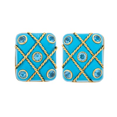 Lot 2041 - Pair of Gold, Blue Acrylic and Blue Topaz Earclips