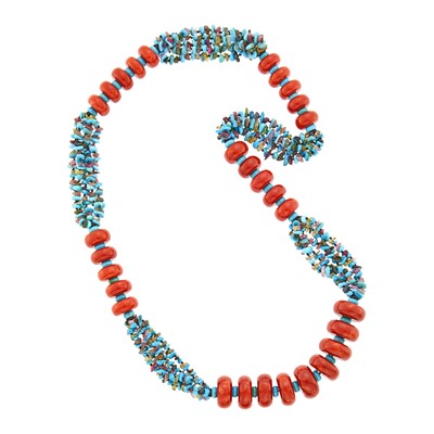 Lot 1286 - Coral, Turquoise and Amethyst Bead Necklace