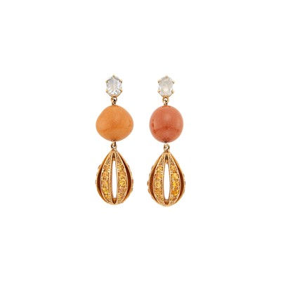 Lot 99 - Pair of Rose Gold, Melo Pearl, Diamond and Orange Sapphire Pendant-Earrings