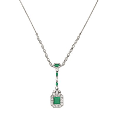 Lot 2208 - White Gold, Emerald and Diamond Pendant-Necklace