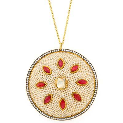 Lot 2085 - Indian Gold, Silver, Jaipur Enamel, Foil-Backed Ruby and Diamond and Seed Pearl Pendant with Chain Necklace