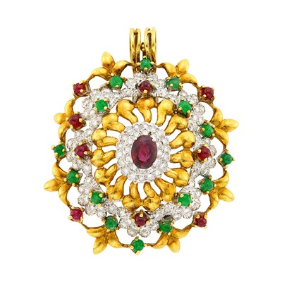 Lot 1206 - Two-Color Gold, Ruby, Cabochon Emerald and Ruby and Diamond Pendant Clip-Brooch