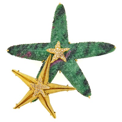 Lot 2072 - Gold, Carved Ruby-in-Zoisite and Diamond Starfish Pendant-Brooch