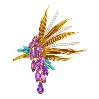 Lot 1211 - Gold, Platinum, Amethyst, Turquoise and Diamond Bird Clip-Brooch