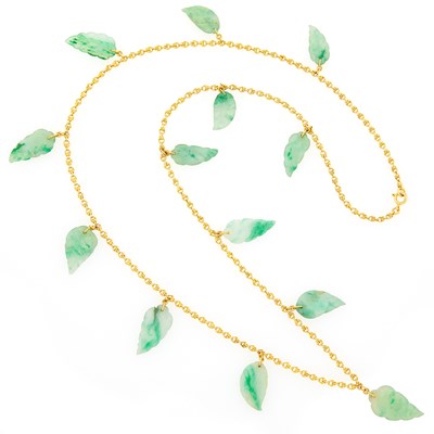 Lot 2278 - Long Gold and Carved Jade Leaf Necklace