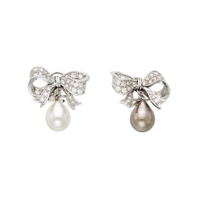 Lot 2106 - Pair of White Gold, Gray and White Cultured Pearl and Diamond Bow Pendant-Earrings