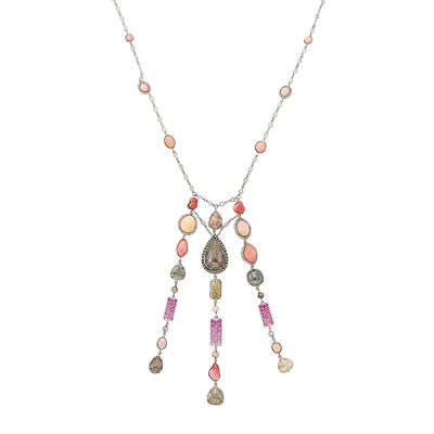 Lot 1066 - Long White Gold, Blackened Silver, Conch Pearl, Colored Diamond, Diamond, Multicolored Pearl and Pink Sapphire Fringe Pendant-Necklace