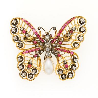 Lot 2151 - Antique Gold, Silver, Cultured Pearl, Ruby and Diamond Butterfly Brooch