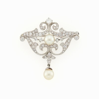 Lot 2217 - Platinum, Cultured Pearl and Diamond Pendant-Brooch