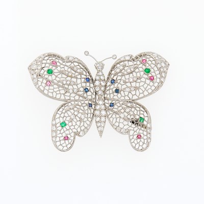 Lot 1094 - Platinum, Ruby, Emerald, Sapphire and Diamond Butterfly Brooch