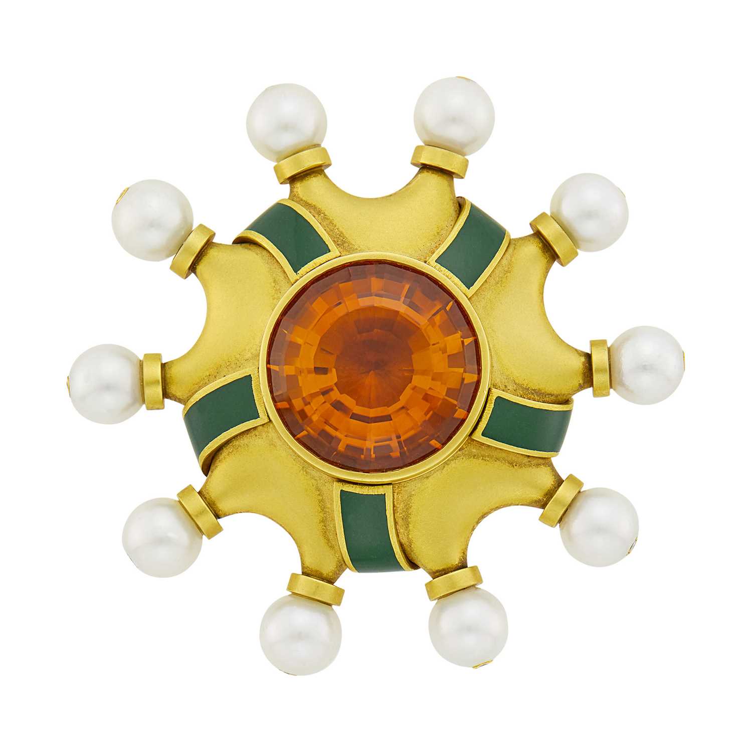 Lot 25 - Barry Kieselstein-Cord Gold, Citrine, Cultured Pearl and Green Enamel Clip-Brooch